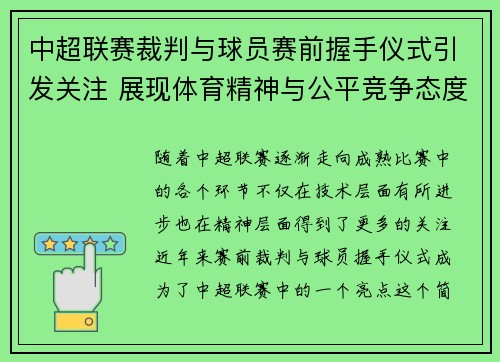 中超联赛裁判与球员赛前握手仪式引发关注 展现体育精神与公平竞争态度